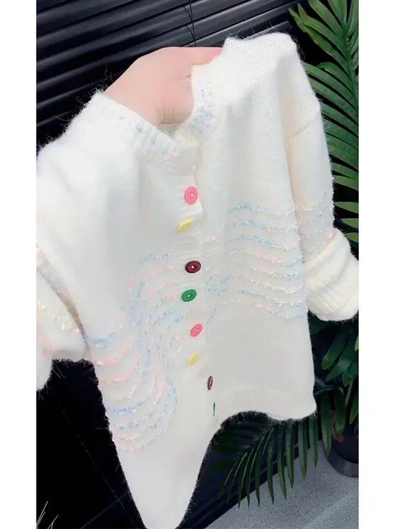 韩系小众流行穿搭圆领渐变色针织衫秋季百搭时髦气质开衫毛衣