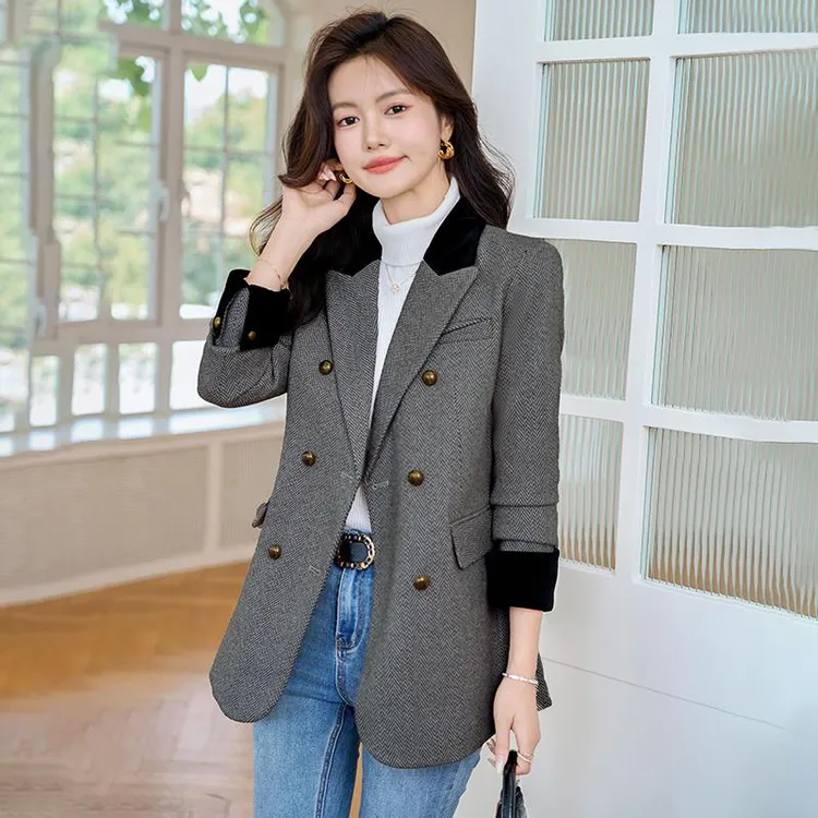 千鸟格西装外套女春秋高级感2025新款女士休闲宽松小个子毛呢西服