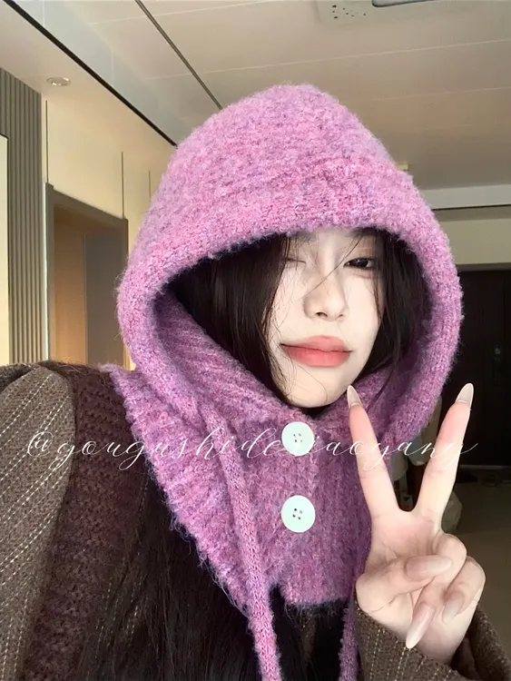 巴拉克拉法帽女纯色韩冬针织帽子围巾一体防风护耳加厚保暖毛线帽