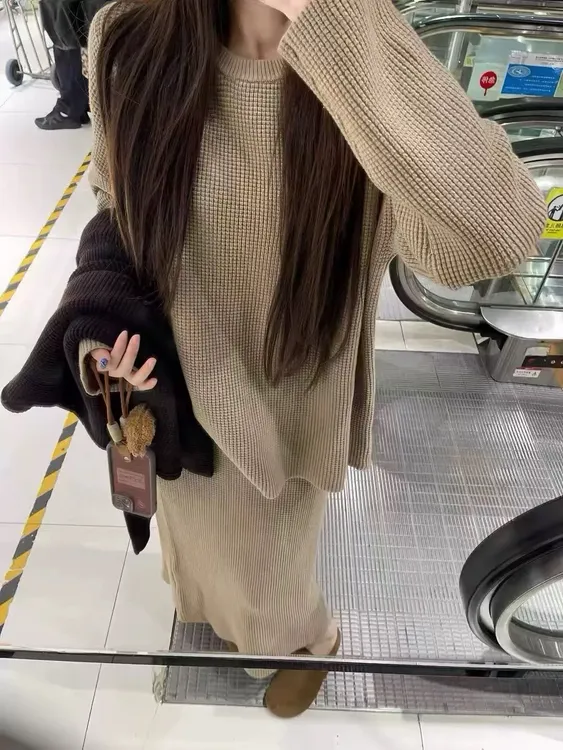 秋冬极简休闲套装气质慵懒风宽松暖绒针织衫高腰开叉半身裙两件套