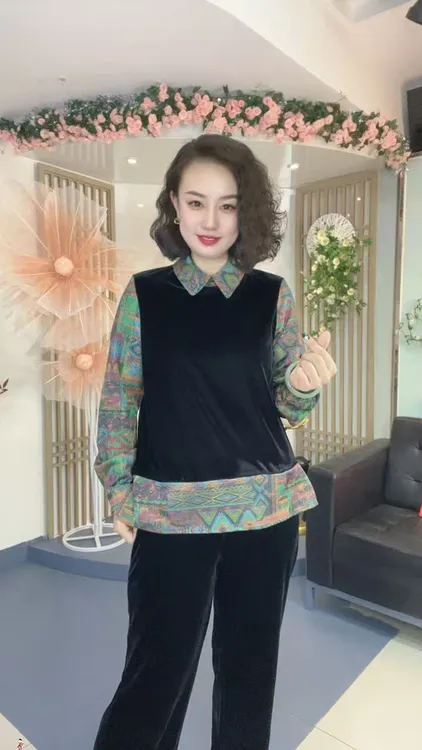 设计感复古印花拼接丝绒修身显瘦遮肉翻领衬衫内搭L1719-2