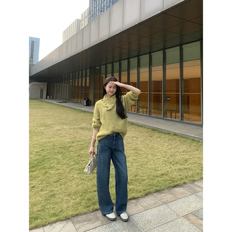 【影弧线】小王家深蓝色弯刀牛仔裤女25年冬季款中高腰宽松显瘦牛仔裤86020