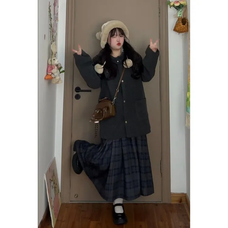 日系学院风减龄灰色毛呢外套搭配半身裙小个子冬季套装7205