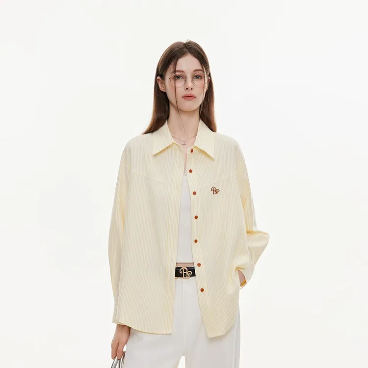 BZXO原创刺绣条纹衬衫女长袖夏季新款复古宽松休闲百搭防晒服外套
