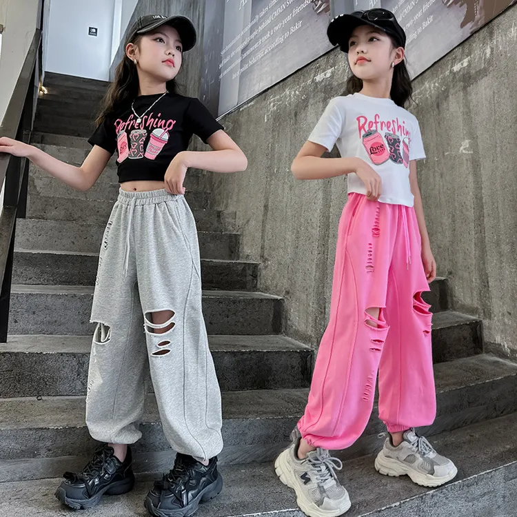 女童短袖套装2024新款印花修身短款短袖宽松直筒束脚时髦破洞女童