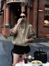 DOUWU【秘密女神】咖色高领肩标大翻领长袖八粒扣风衣上衣SY14076