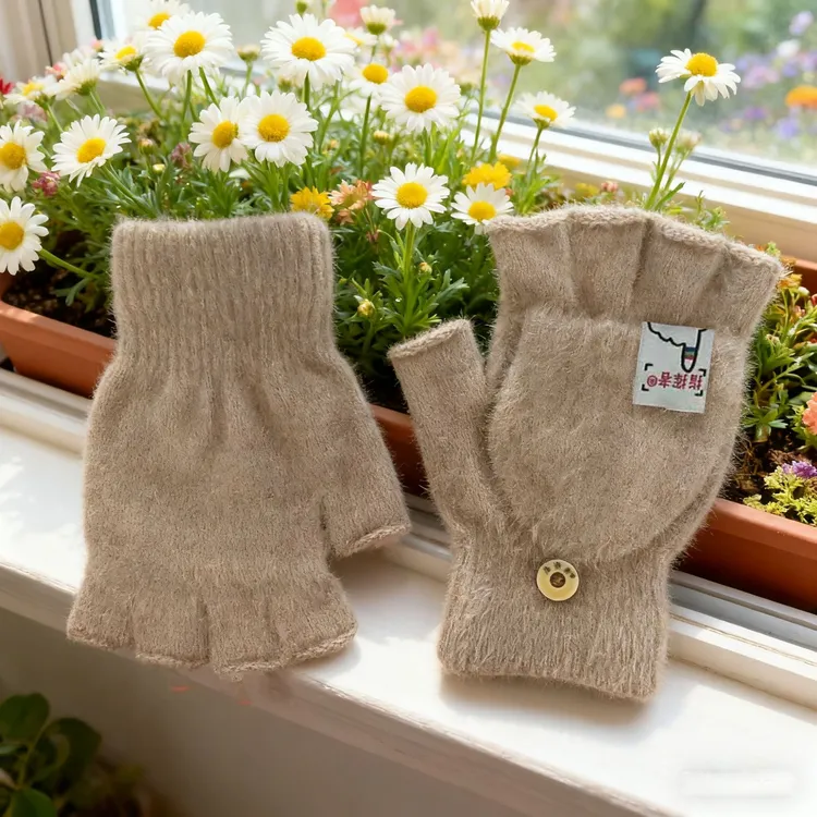 冬半指翻盖保暖加厚包套漏指加盖仿貂绒休闲百搭学生写字手套可爱