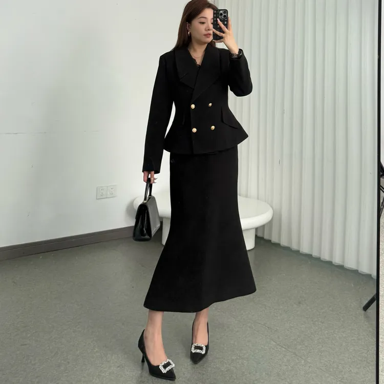 HEBAODAN【柏林暮光】秋冬设计感修身黑色毛呢外套上衣+半身裙套装