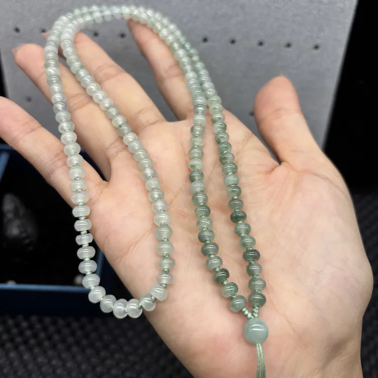 高档天然缅甸A货翡翠冰飘花算盘珠5mm玉石挂件绳毛衣链长链百搭款