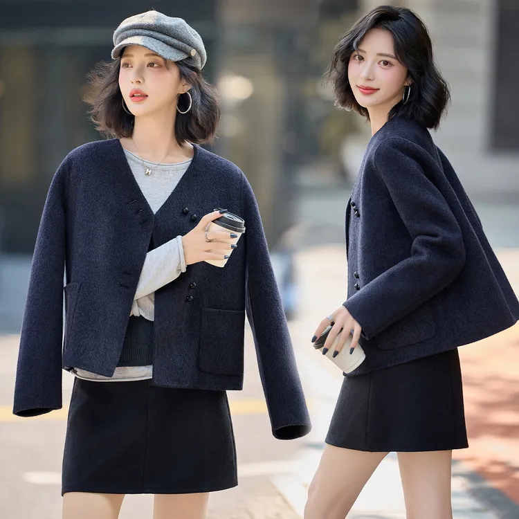 2025新款韩版小香风V领双面羊绒大衣女短款小个子气质羊毛呢外套