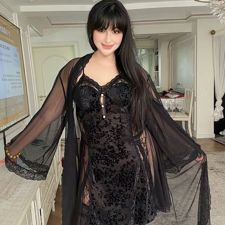 秋冬新款烧花性感加胸垫蕾丝吊带睡裙家居服