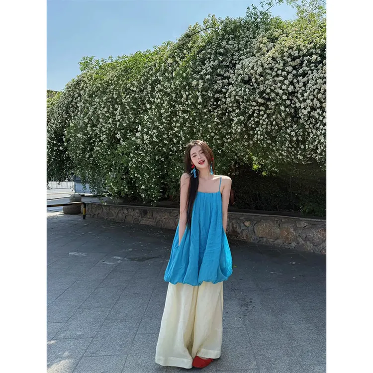 2025夏季新款气质设计感吊带连衣裙收腰显瘦直筒宽松阔腿裤拖地裤