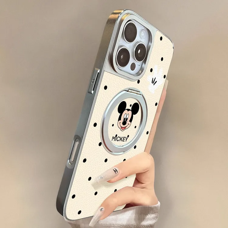 波点米奇适用苹果16promax手机壳新款iPhone15旋转支架14小羊皮13