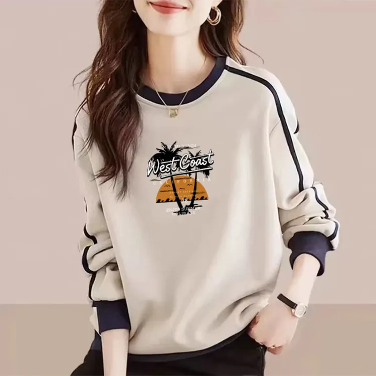 2025春秋新款拼接圆领女士宽松大码加绒卫衣时尚别致女装胖mm上衣