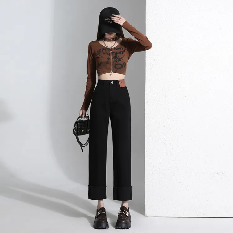 九分修身黑色直筒牛仔裤女2025秋冬新款小个子高腰显瘦烟管女裤