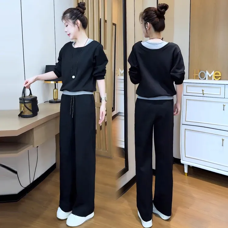 PPT时尚休闲运动套装女2025秋季新款洋气显瘦假两件卫衣阔腿裤两件套