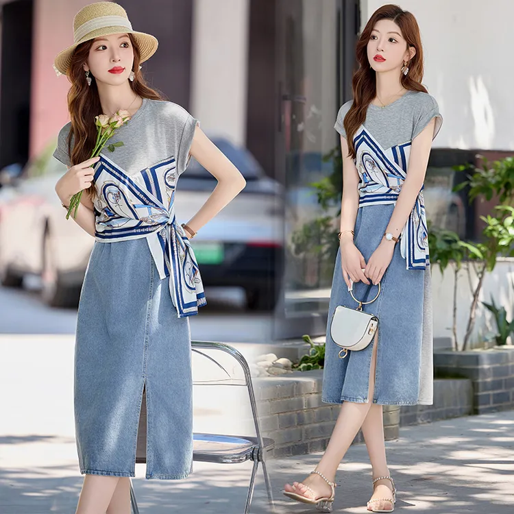 复古港风印花拼接牛仔连衣裙女2025夏季新款修身显瘦假两件A字裙