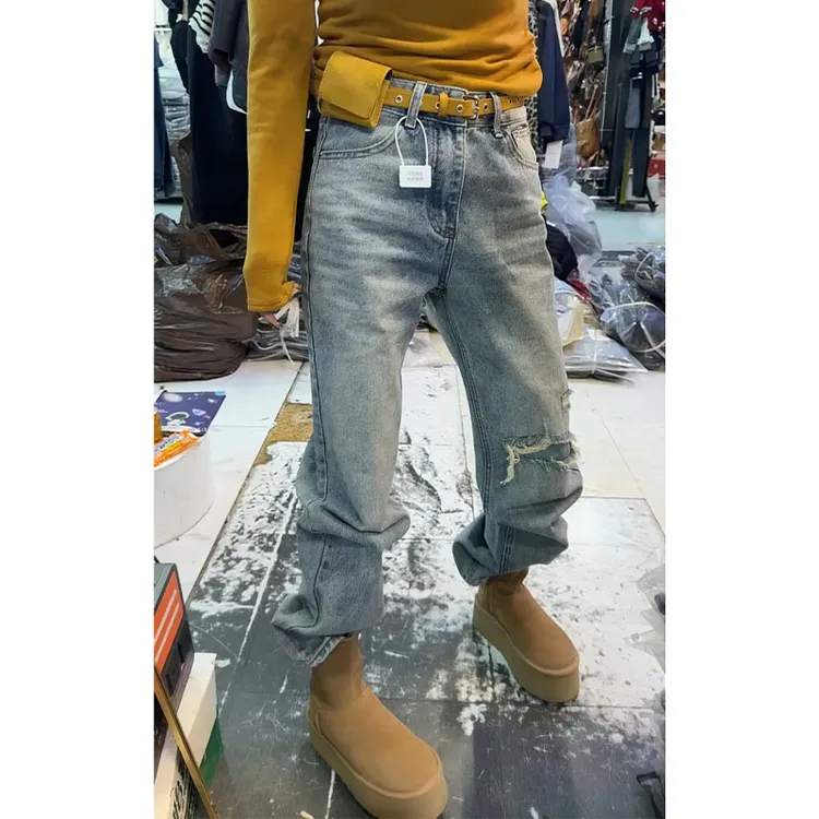 2025冬季新款假破洞设计窄版牛仔长裤女大码显瘦小个子洋气直筒裤