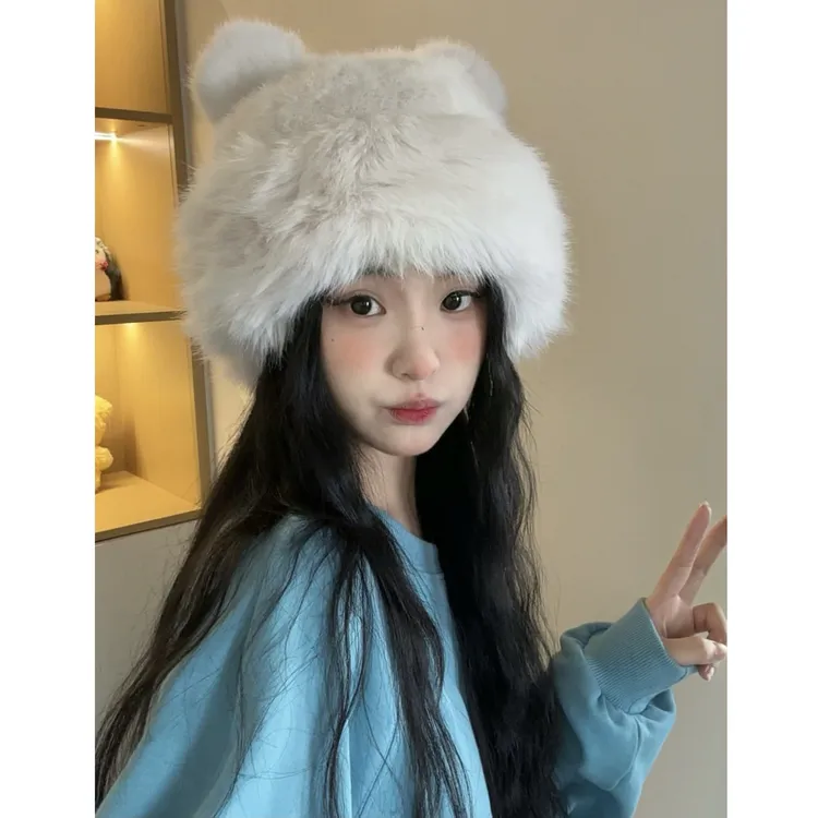 毛茸茸！可爱小熊耳朵地主帽秋冬新款显脸小日系保暖毛边渔夫帽