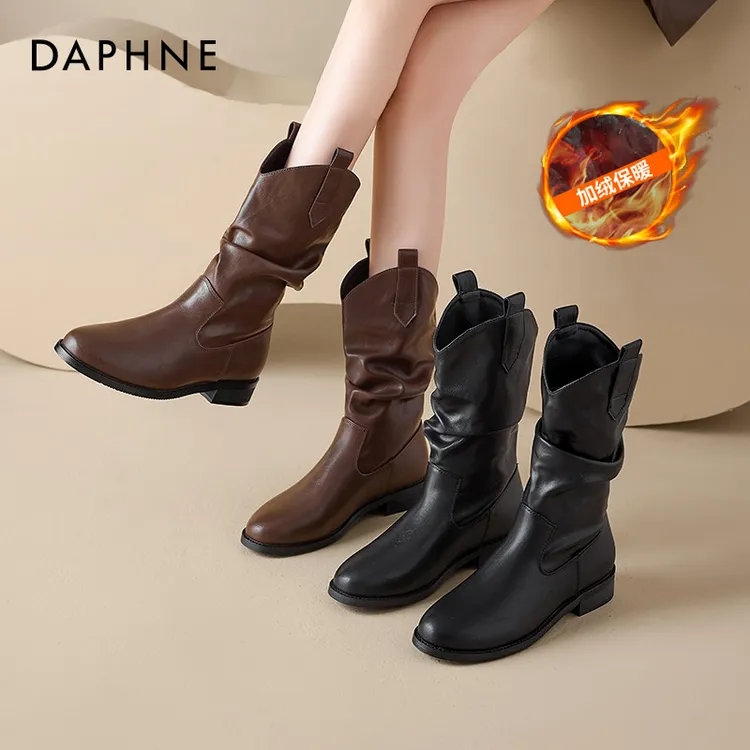 达芙妮棕色短靴女2025新款秋冬皮靴西部加绒马丁靴美拉德堆堆靴子