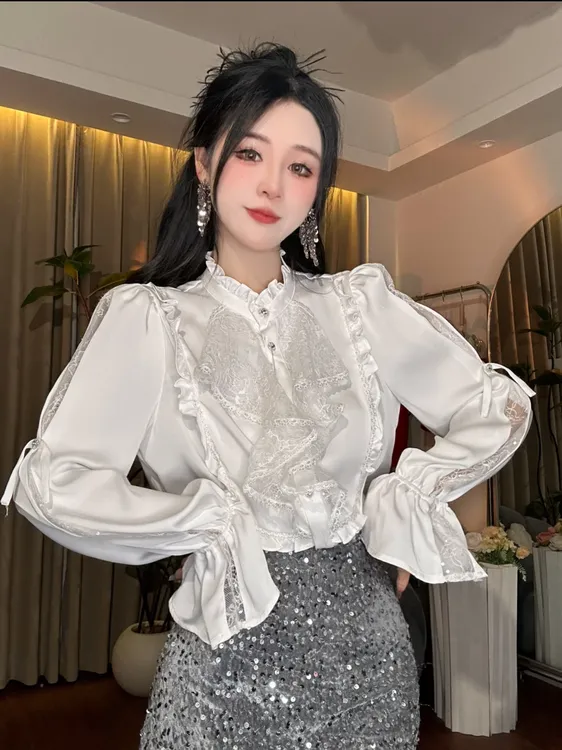 【子希专属】A675高级感气质蕾丝荷叶领绑带可拆卸蝴蝶结衬衫单上衣