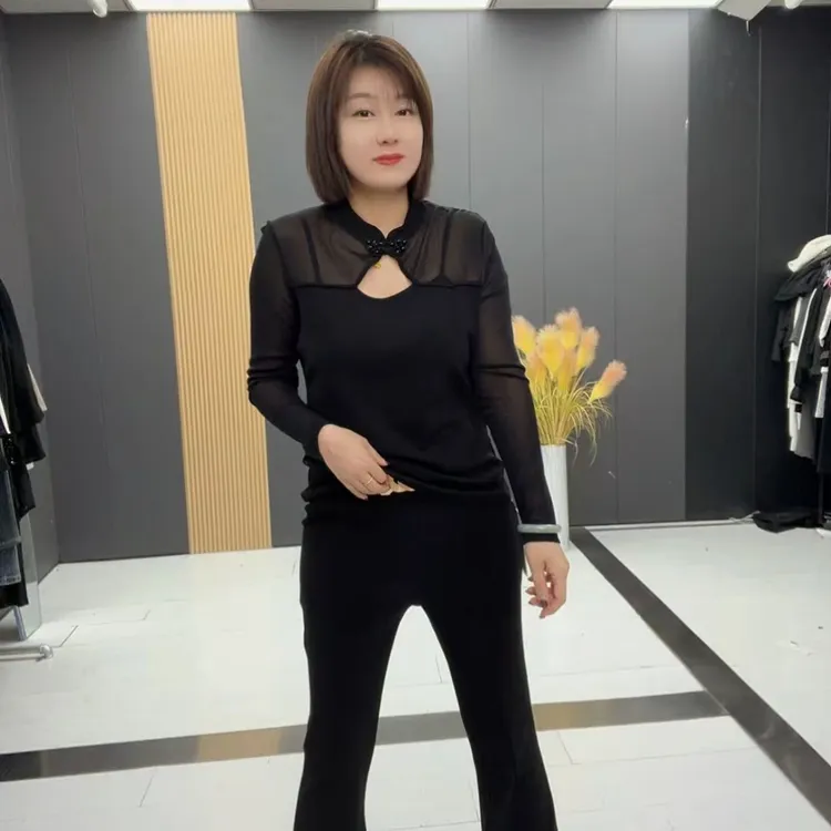 FE3432长袖网纱拼接T恤气质中式盘扣显瘦打底衫