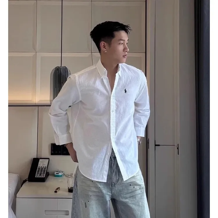 高级感马标刺绣亚麻衬衫男夏季穿搭松弛感长袖衬衣棉麻免烫上衣潮