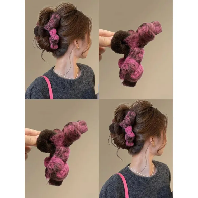 双层蝴蝶结毛绒撞色抓夹秋冬新款大号后脑勺鲨鱼夹半扎发夹发饰女