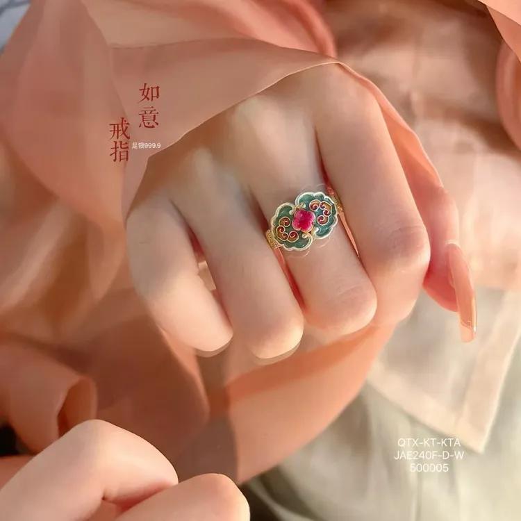 足银戒指 宫廷珐琅彩银戒指足银999.9如意戒指女国风描金足银戒指