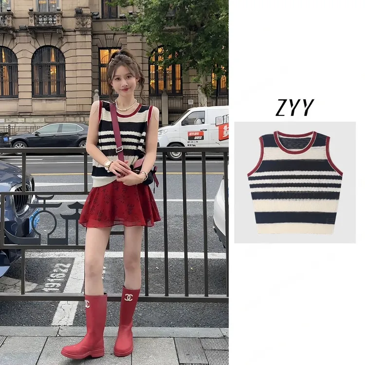 ZYY【尼斯游记】2025/S新品夏季圆领撞色条纹针织背心女X25XZZ02275