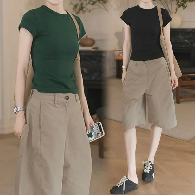 香朵儿修身短袖上衣工装五分裤套装女士2025年夏季新款洋气两件套