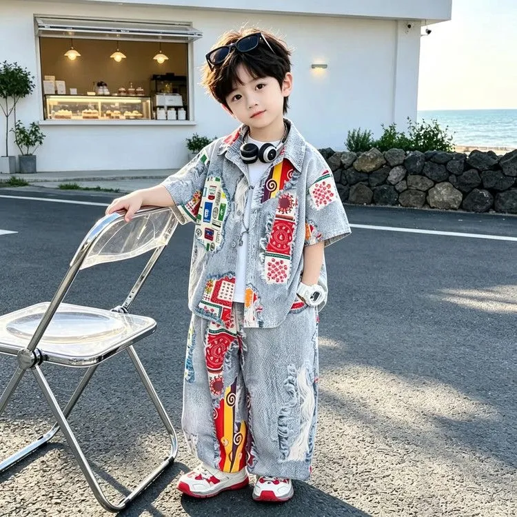 [安安家]男童夏季痞帅韩版时髦印花短袖套装夏装2026两件套衣服潮