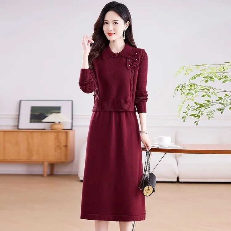 秋冬大码马甲连衣裙气质长袖高级新款针织毛衣保暖套装裙子两件套