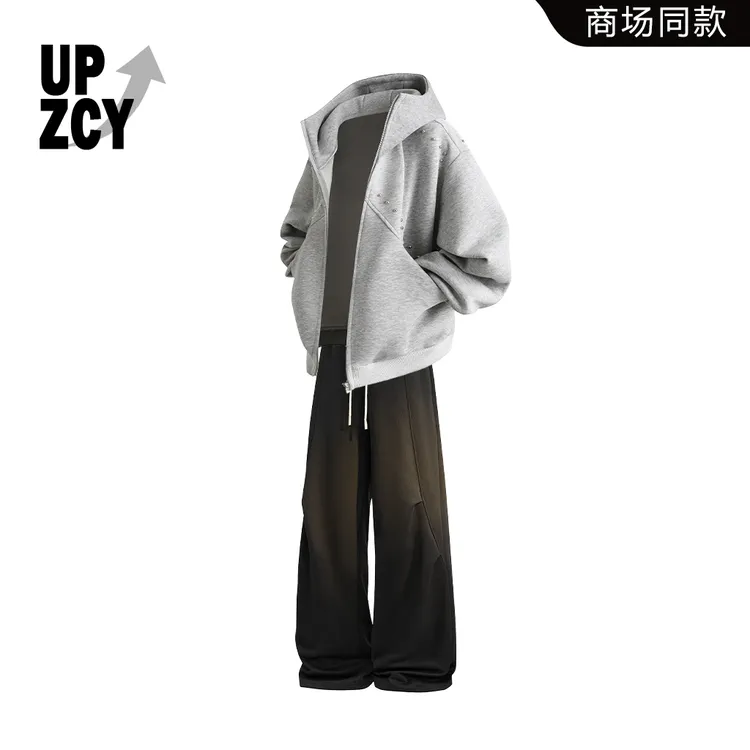 UPZCY美式铆钉开衫卫衣套装男款秋冬潮流痞帅宽松休闲褶皱休闲裤