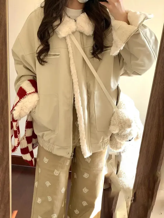 美式翻领羊羔毛夹克棉服女冬季慵懒风加绒加厚韩版情侣款棉衣外套