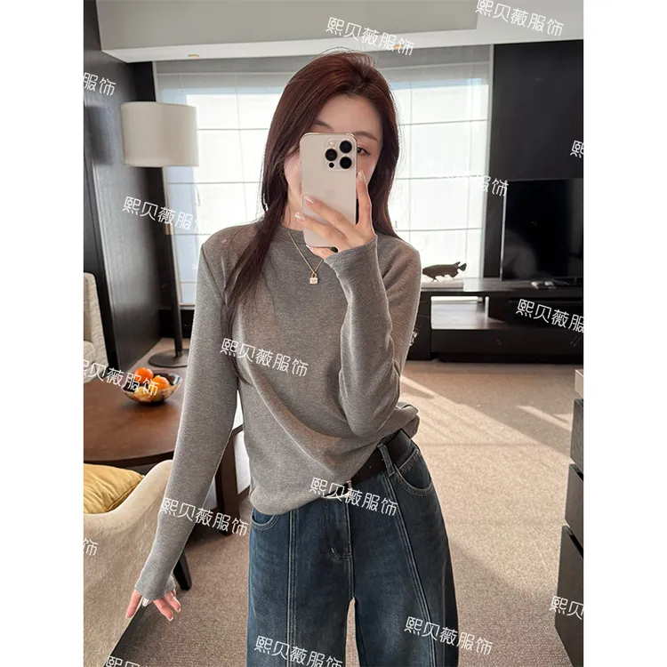 熙贝薇 冬季新款加绒加厚纯色上衣圆领长袖保暖打底T恤 G5776
