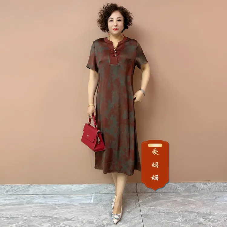 H夏季经典新中式国风时尚中老年妈妈真丝连衣裙遮肚气质宽松长裙