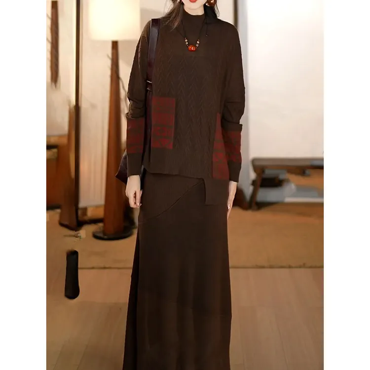 高级感时尚简约针织裙套装2025秋季新款不规则印花针织衫+半身裙