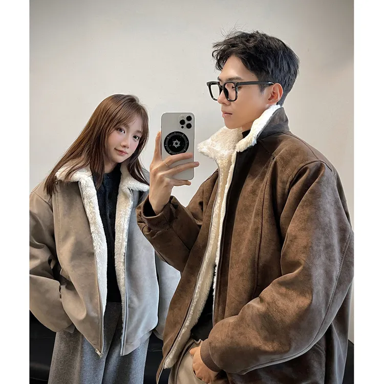 冬季美拉德PU皮棉服外套男女美式潮牌加绒加厚工装机车服保暖棉衣