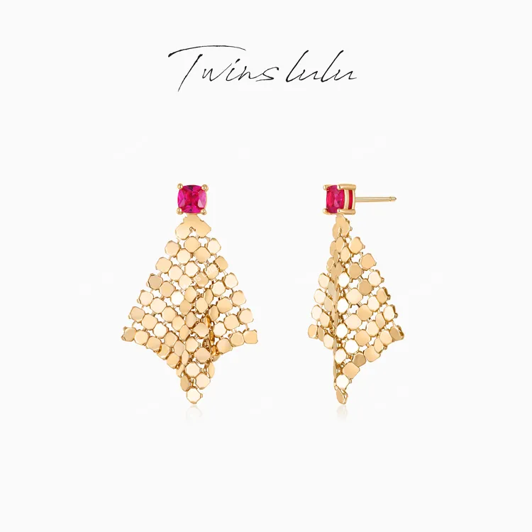 TWINS LULU【方影蜂巢】新年款 镀K金 简约几何玫红色耳环TSL3256