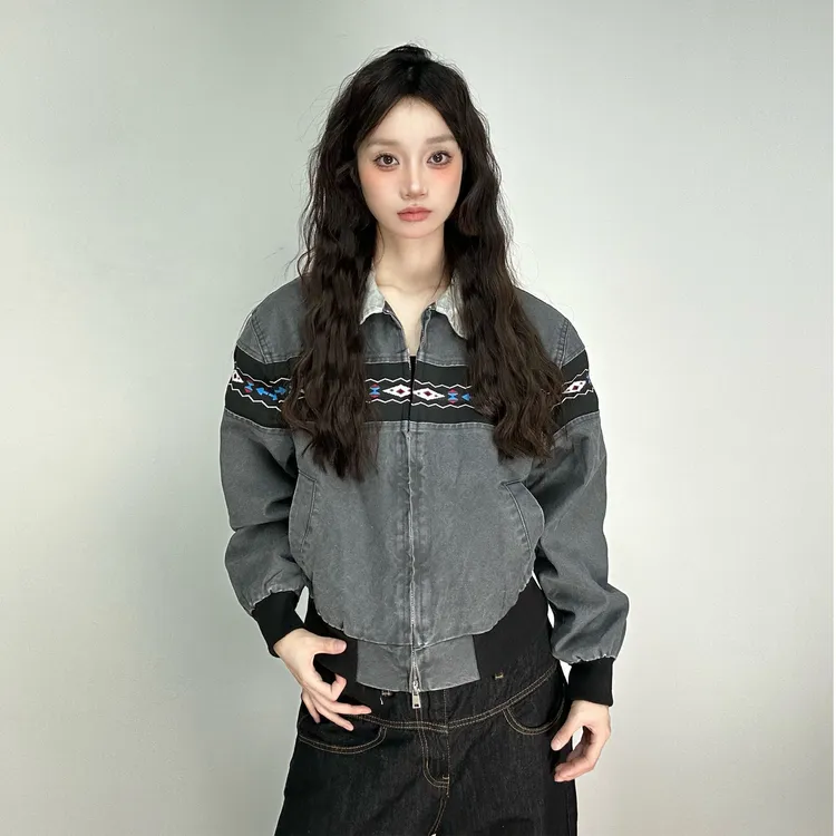 JADE QILIN美式复古民族风图案拼接夹克cleanfit水洗宽松工装外套