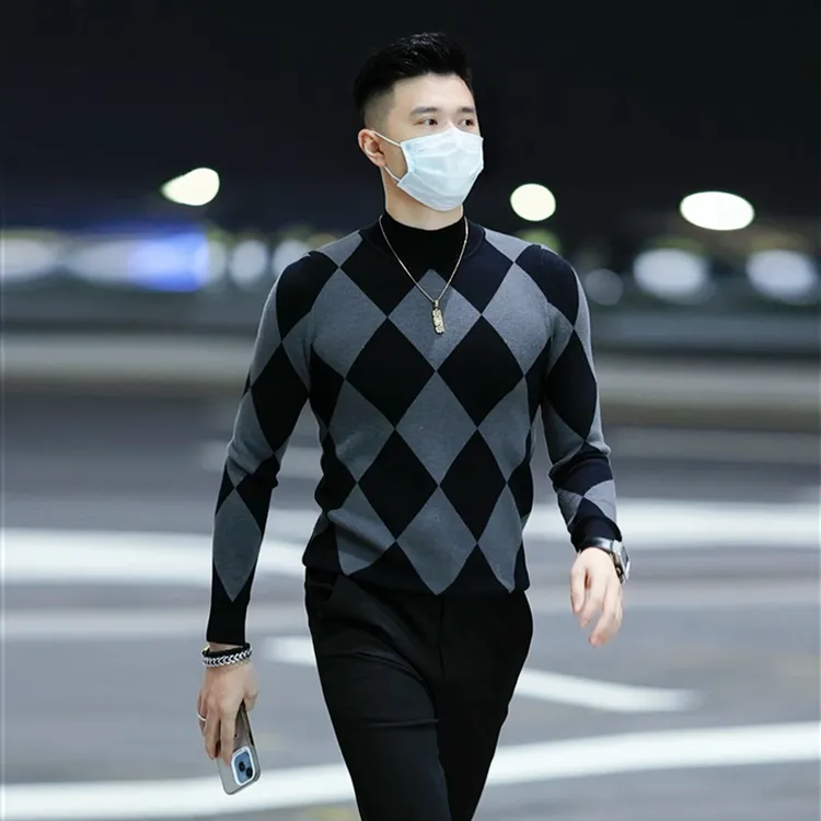 秋冬半高领毛衣男士长袖打底衫时尚休闲韩版修身格子中领针织衫潮