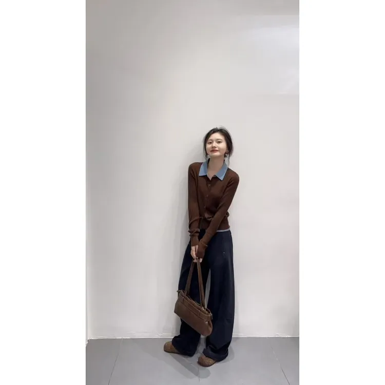 2025秋季新款韩系设计感小众拼接衬衫翻领学院麻花针织开衫阔腿裤