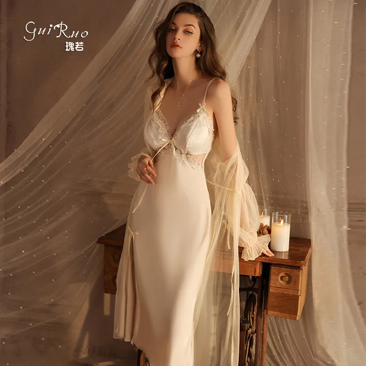 缎面蕾丝胸垫聚拢睡衣性感深V长款吊带裙外袍家居服套装