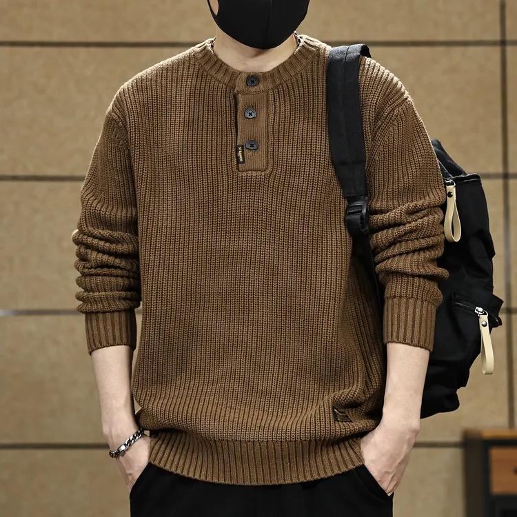 美式复古宽松粗线亨利领毛衣男士冬季新款保暖打底针织衫外套男装