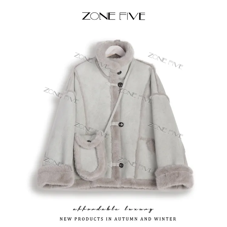 【zonefive】韩版毛毛宽松时尚短款皮毛一体短外套