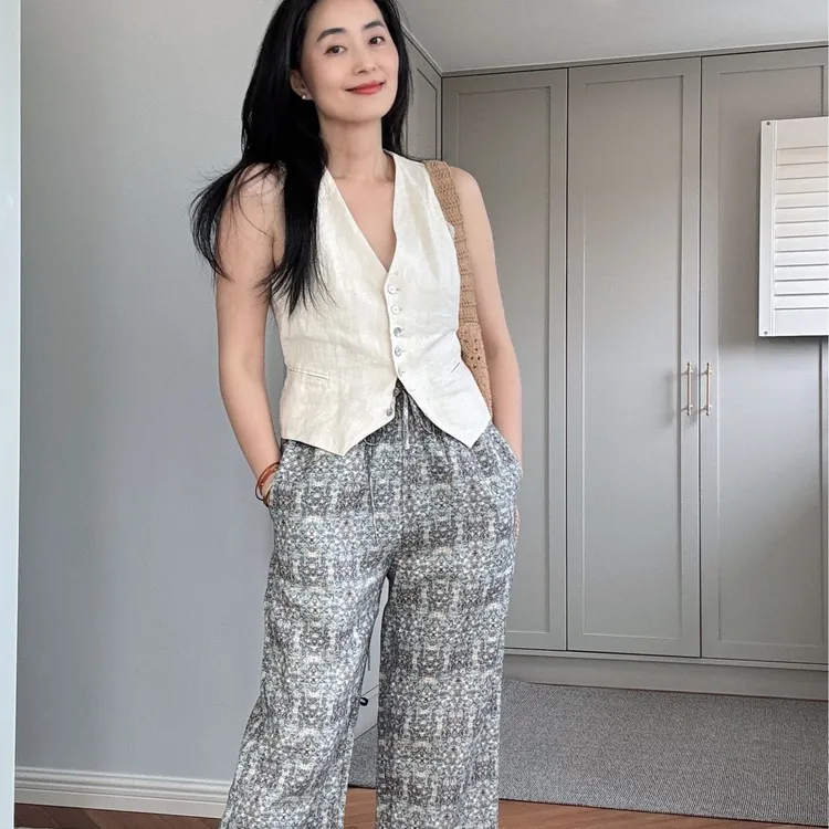 【安雅精选】汉麻抽绳绣花休闲裤