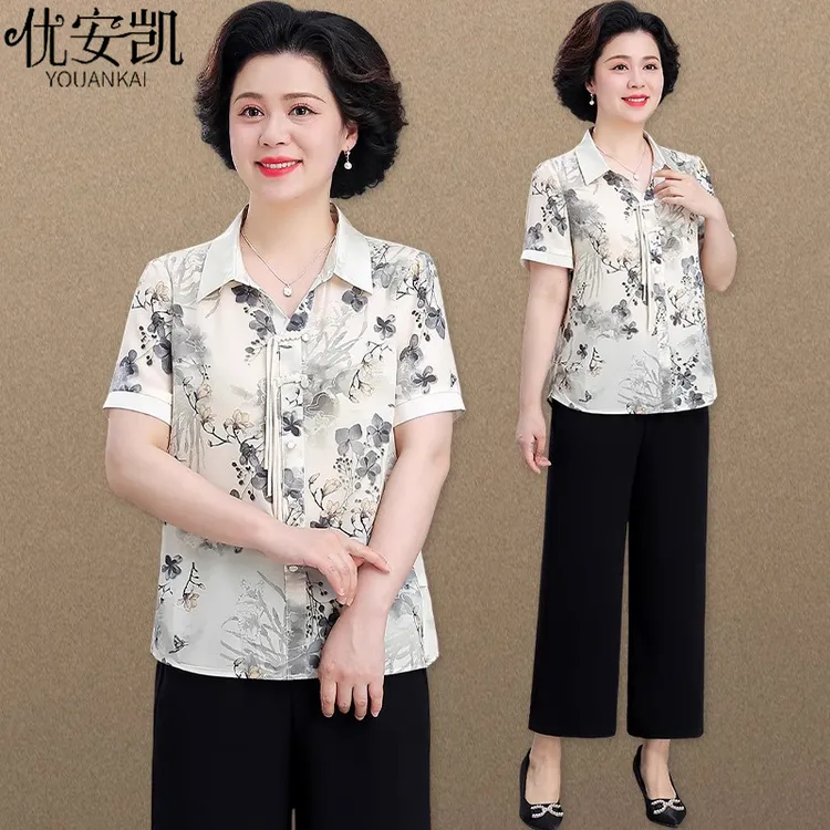 中老年洋气妈妈短袖衬衫2025新款中年妇女夏装套装时尚休闲衬衣