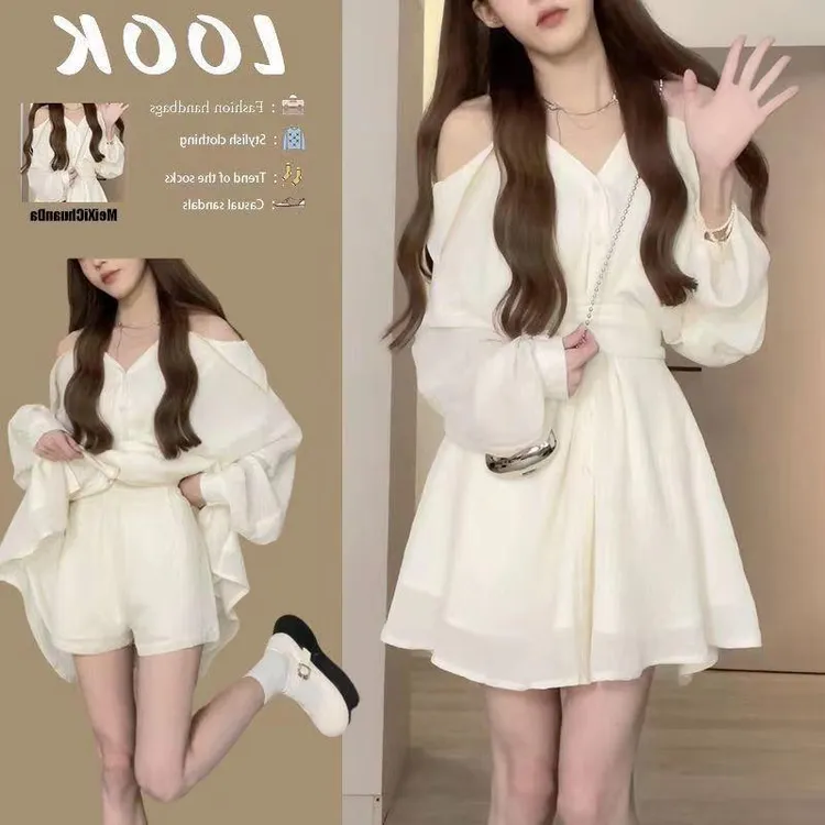 春季温柔系穿搭女2025新款韩版设计感露肩显瘦上衣百搭短裤两件套