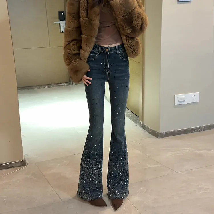 重工烫钻满天星微喇牛仔裤女2026春季新款修身显瘦马蹄裤
